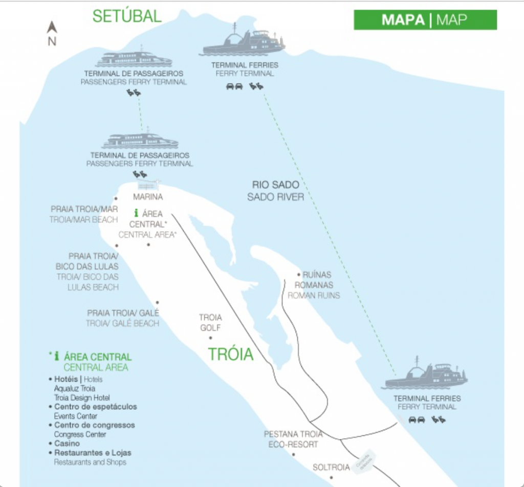 mapa de ferry entre Setubal e Troia